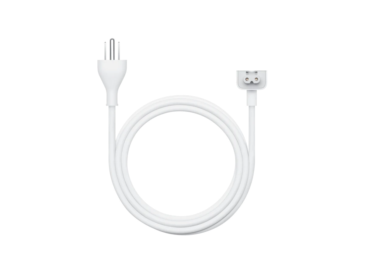 Coiled white Apple power-adapter extension cable with plugs at both ends.