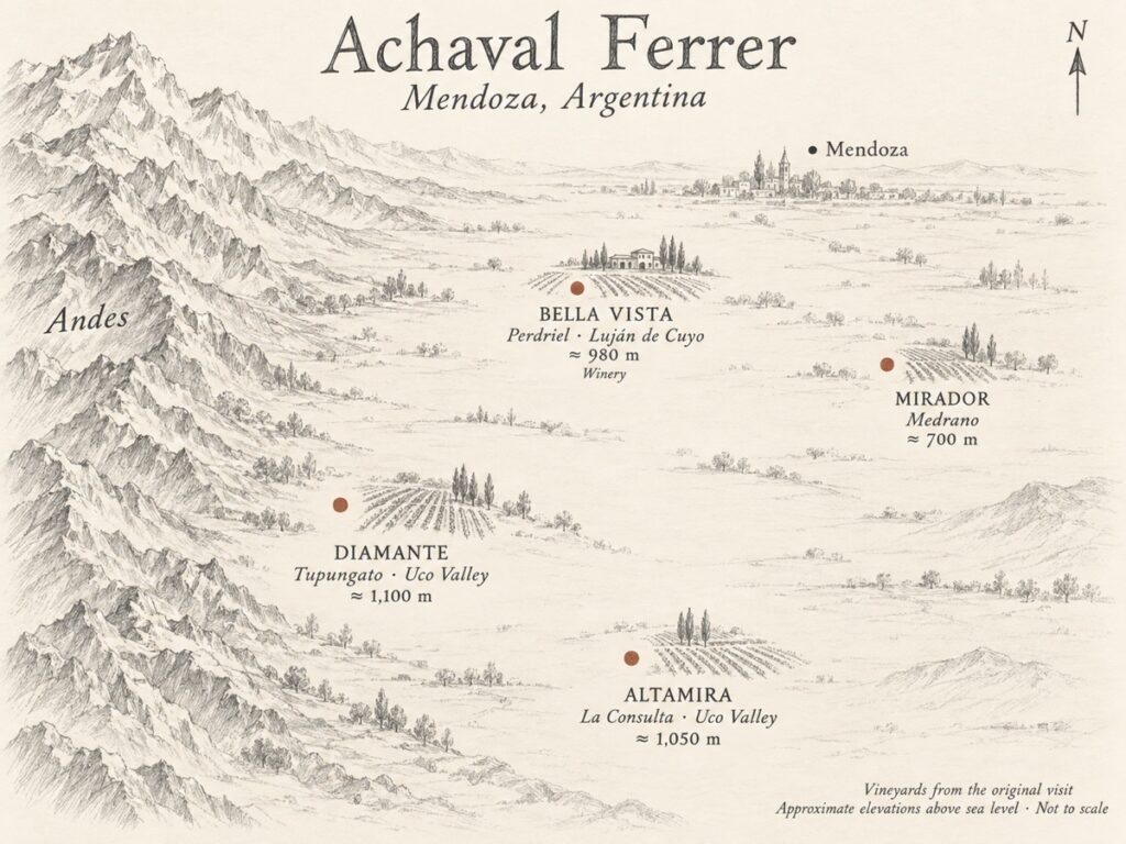 Pencil map of Mendoza with Bella Vista in Perdriel at about 980 m, Mirador in Medrano at 700 m, Diamante in Tupungato at 1,100 m and Altamira near La Consulta at 1,050 m.