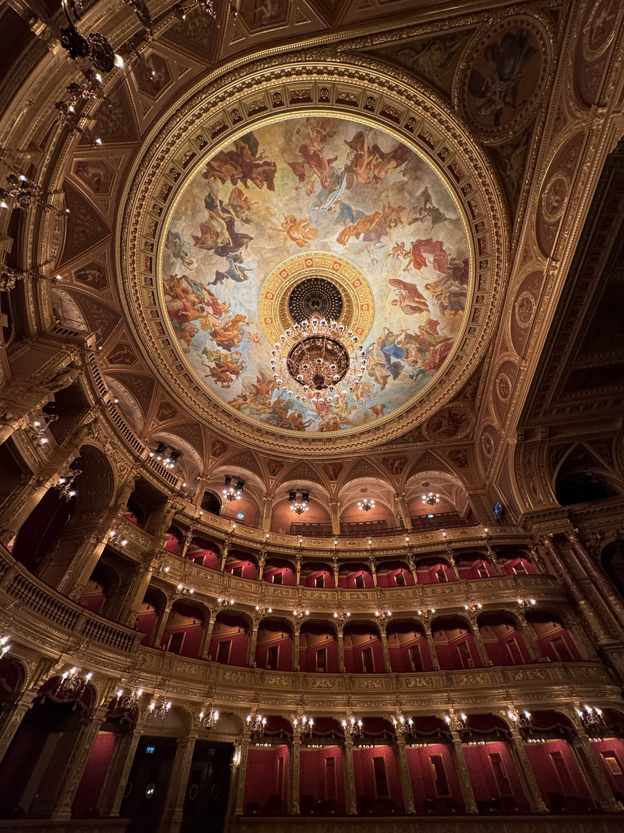 The gilded auditorium of the Hungarian State Opera rises beneath Károly Lotz’s painted dome and a central chandelier.