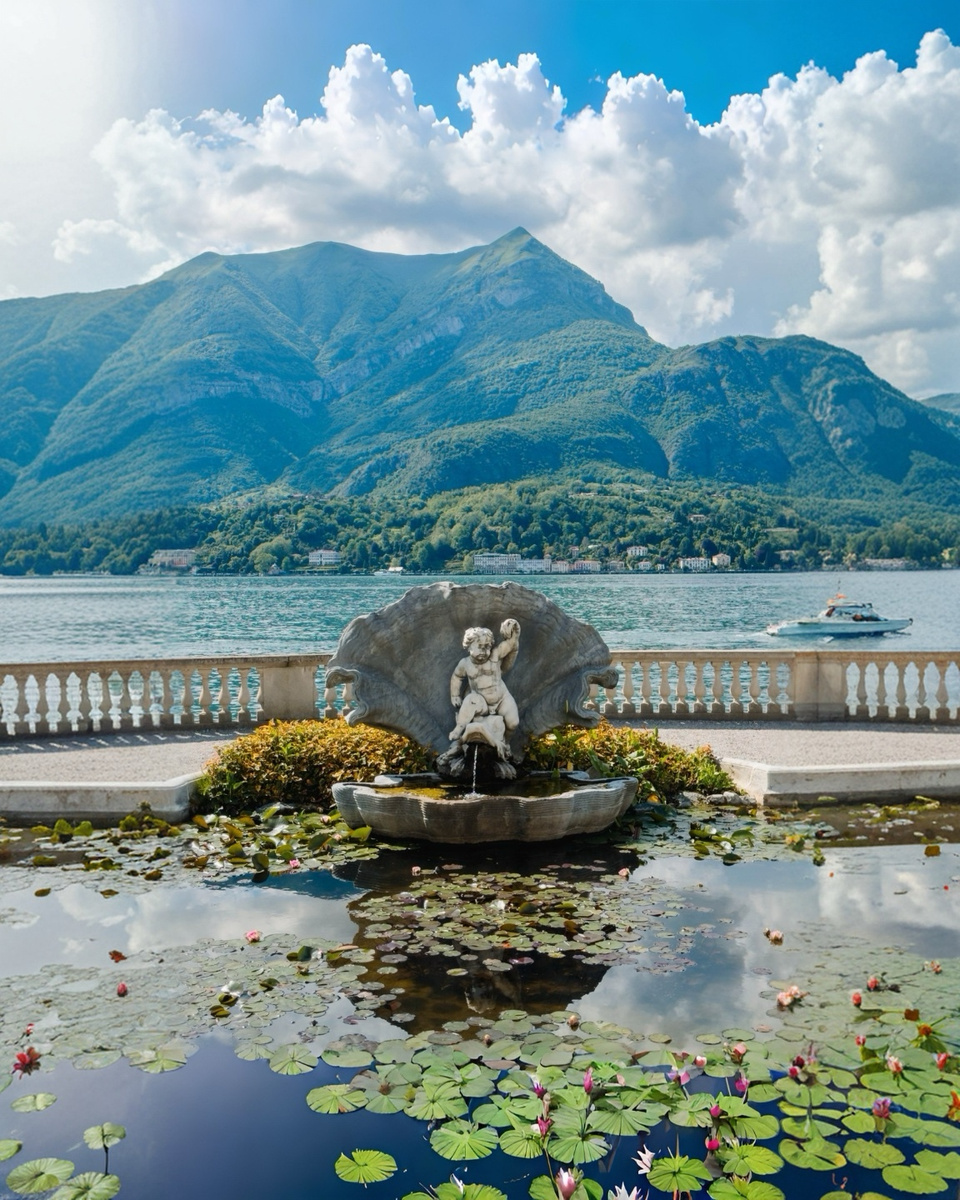 Water lilies surround a shell-shaped fountain in the gardens of Villa Melzi, with Lake Como and mountains beyond.