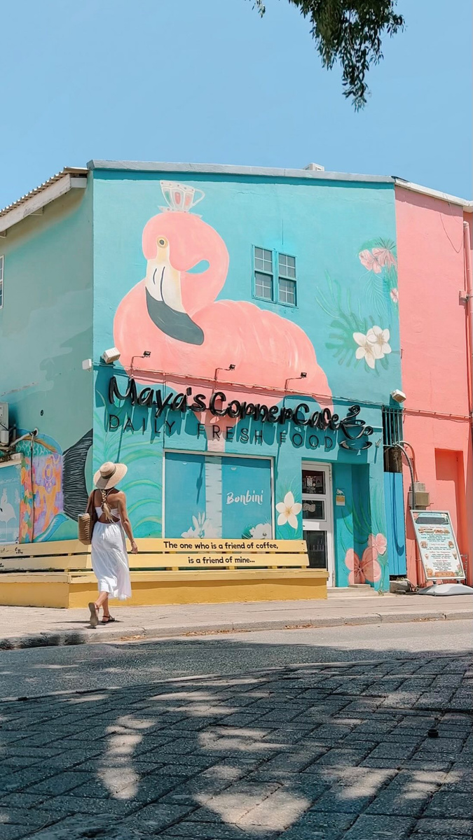 Olga beside a colourful flamingo mural in Kralendijk, Bonaire.