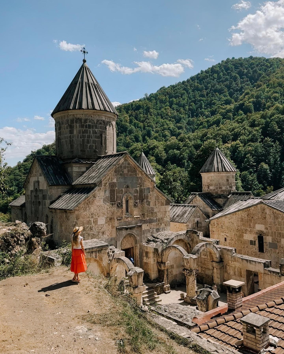 Olga visiting an ancient stone monastery in Armenia.