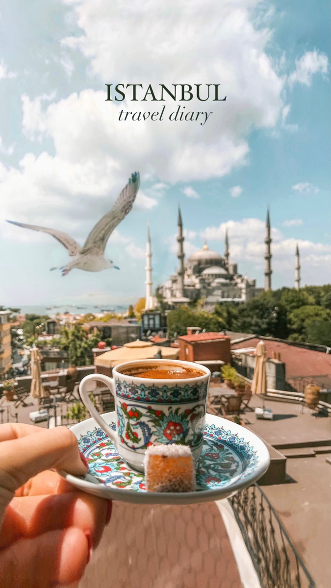 Turkish coffee framed by Istanbul rooftops, the Blue Mosque and a passing gull.