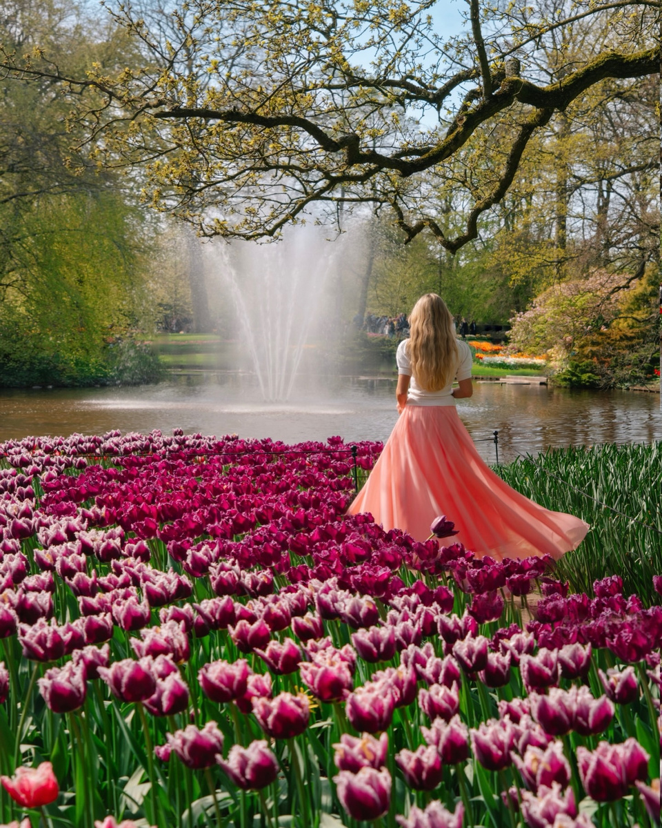 Olga in a pink dress before spring tulips at Keukenhof.