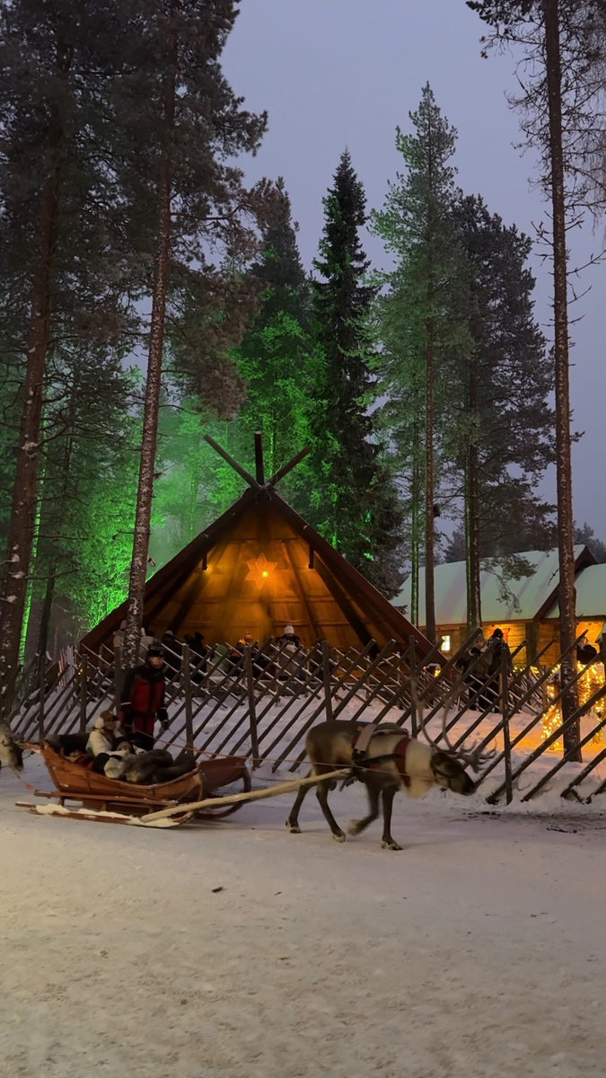 A warmly glowing cabin among snow-covered trees in Finnish Lapland.