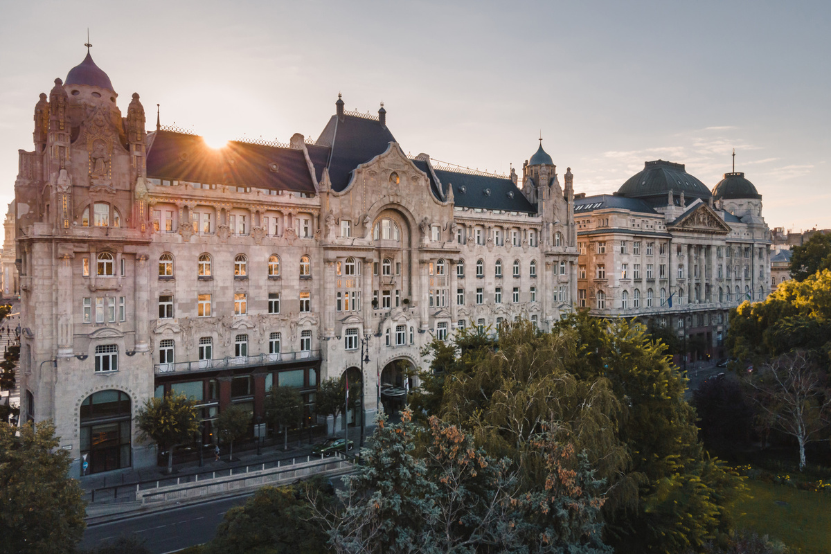 The Art Nouveau façade of Four Seasons Gresham Palace Budapest in warm late-day light above Széchenyi Square. Photograph: Four Seasons.