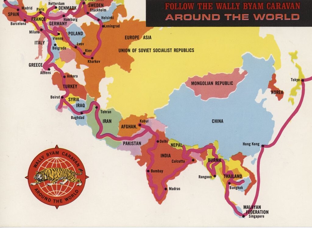 Colour map tracing the Wally Byam Around the World Caravan route across Asia, the Middle East and Europe.