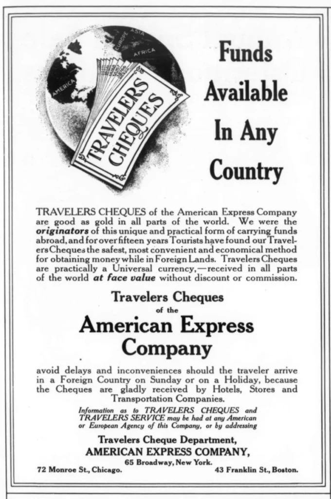 American Express advertisement from March 1907 headed Funds Available In Any Country, showing a globe and a fan of Travelers Cheques.