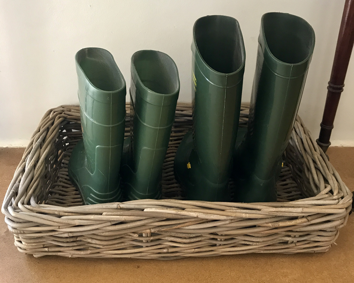 Four green rubber boots stand in a wicker basket inside a Babylonstoren cottage.