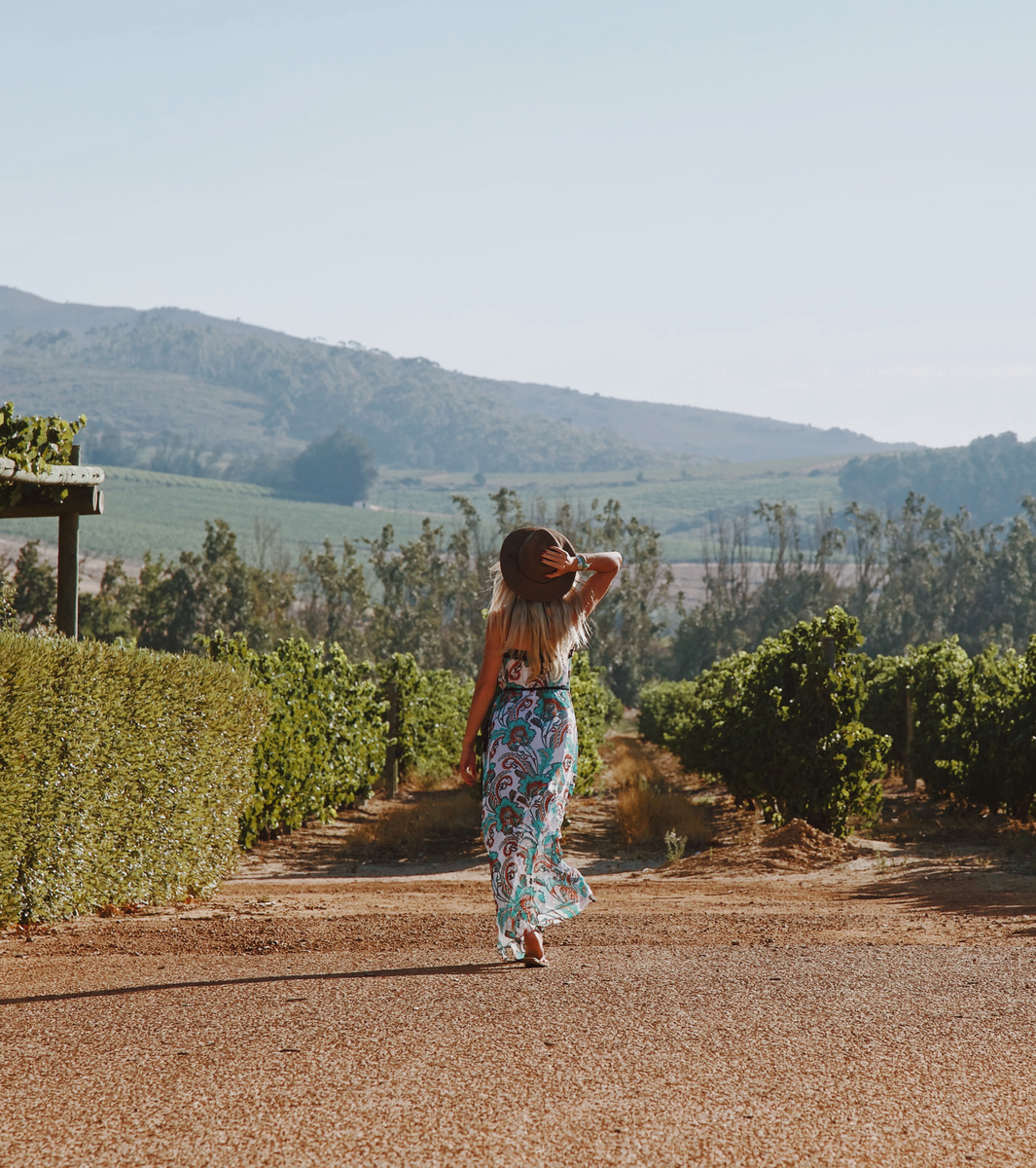 Olga walks away along a dirt path between vineyard rows at Babylonstoren.