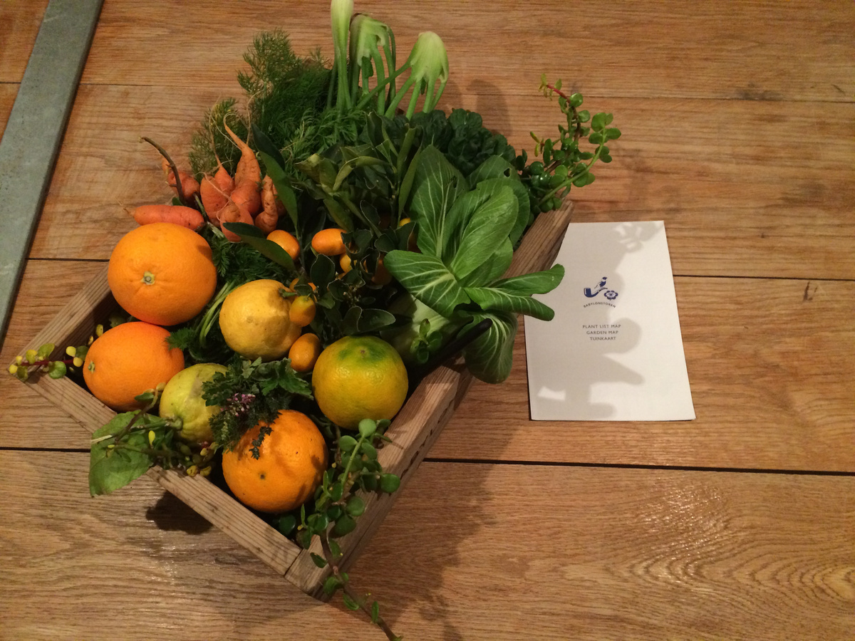 A wooden crate holds citrus, carrots, leafy greens and herbs beside a Babylonstoren garden map.