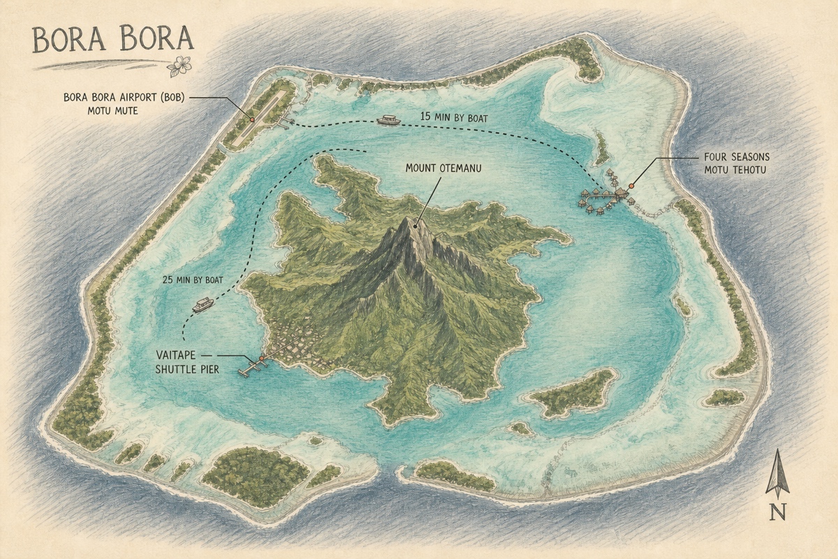 Pencil-and-watercolour bird’s-eye illustration of Bora Bora showing Four Seasons on Motu Tehotu, the airport on Motu Mute, Mount Otemanu and the Vaitape shuttle pier.