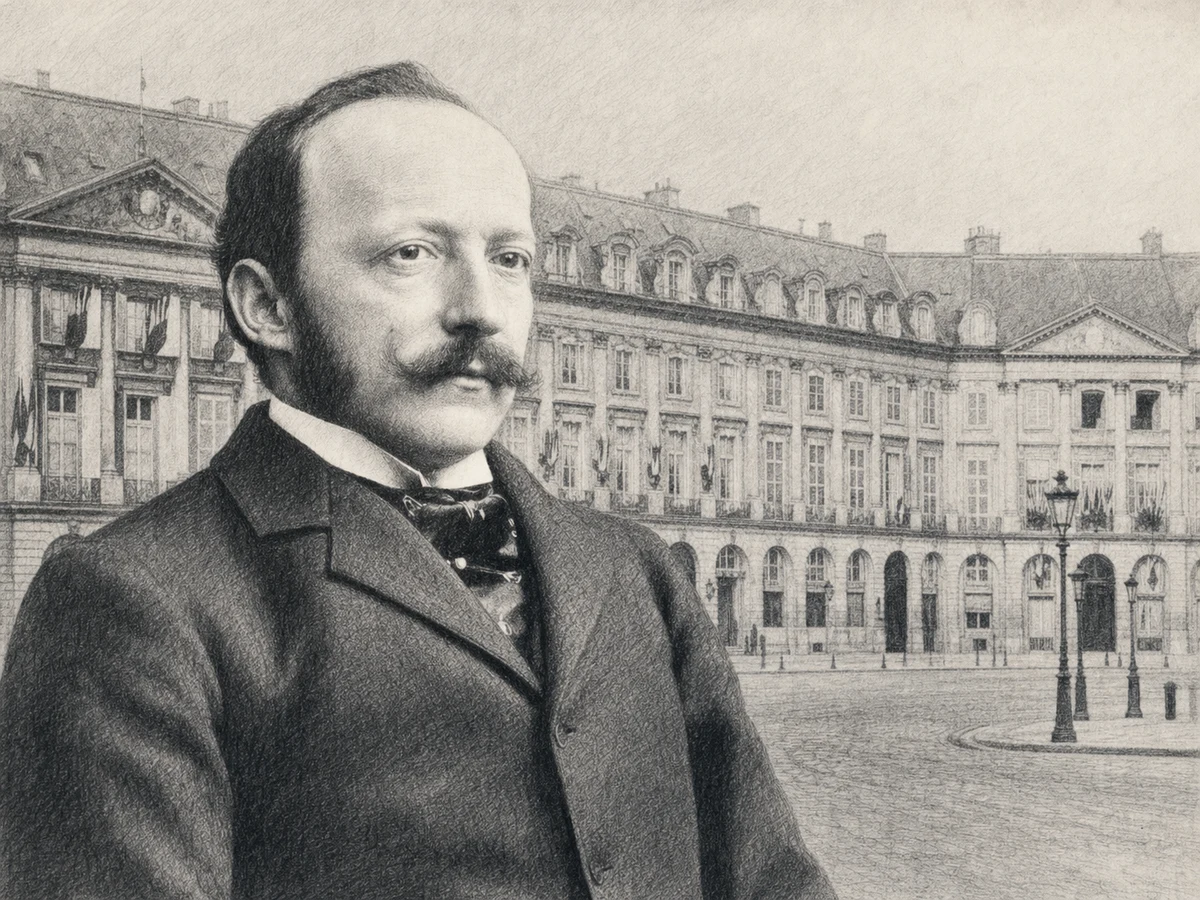 Graphite portrait of César Ritz in a dark suit, with the Hôtel Ritz Paris receding across Place Vendôme behind his right shoulder.