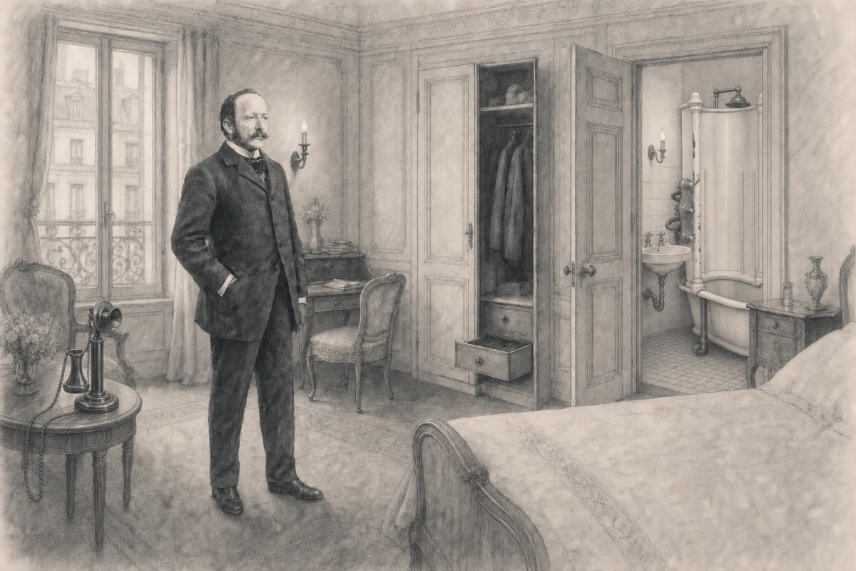 Graphite illustration of César Ritz in an 1898 hotel room with a candlestick telephone, candle-bulb electric wall lamps, fitted storage and an open door to a private bathroom.
