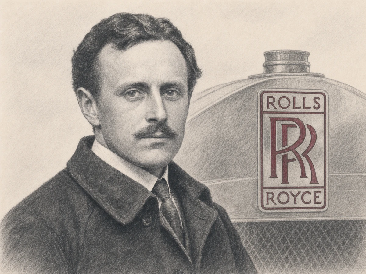 Graphite portrait of Charles Rolls with the early red double-R radiator badge behind his right shoulder.