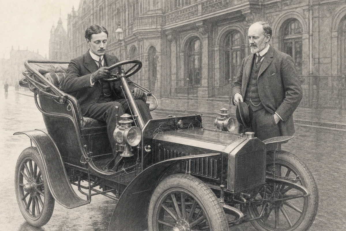 Graphite illustration of Charles Rolls examining the controls of the 10 H.P. car built by Henry Royce beside the Midland Hotel in Manchester.