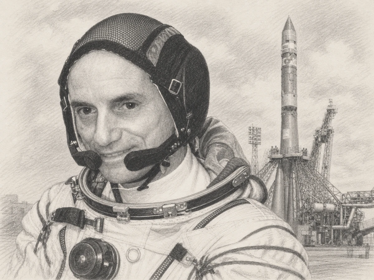 Graphite portrait of Dennis Tito in a Sokol suit, with a Soyuz launch vehicle receding behind his right shoulder at Baikonur.