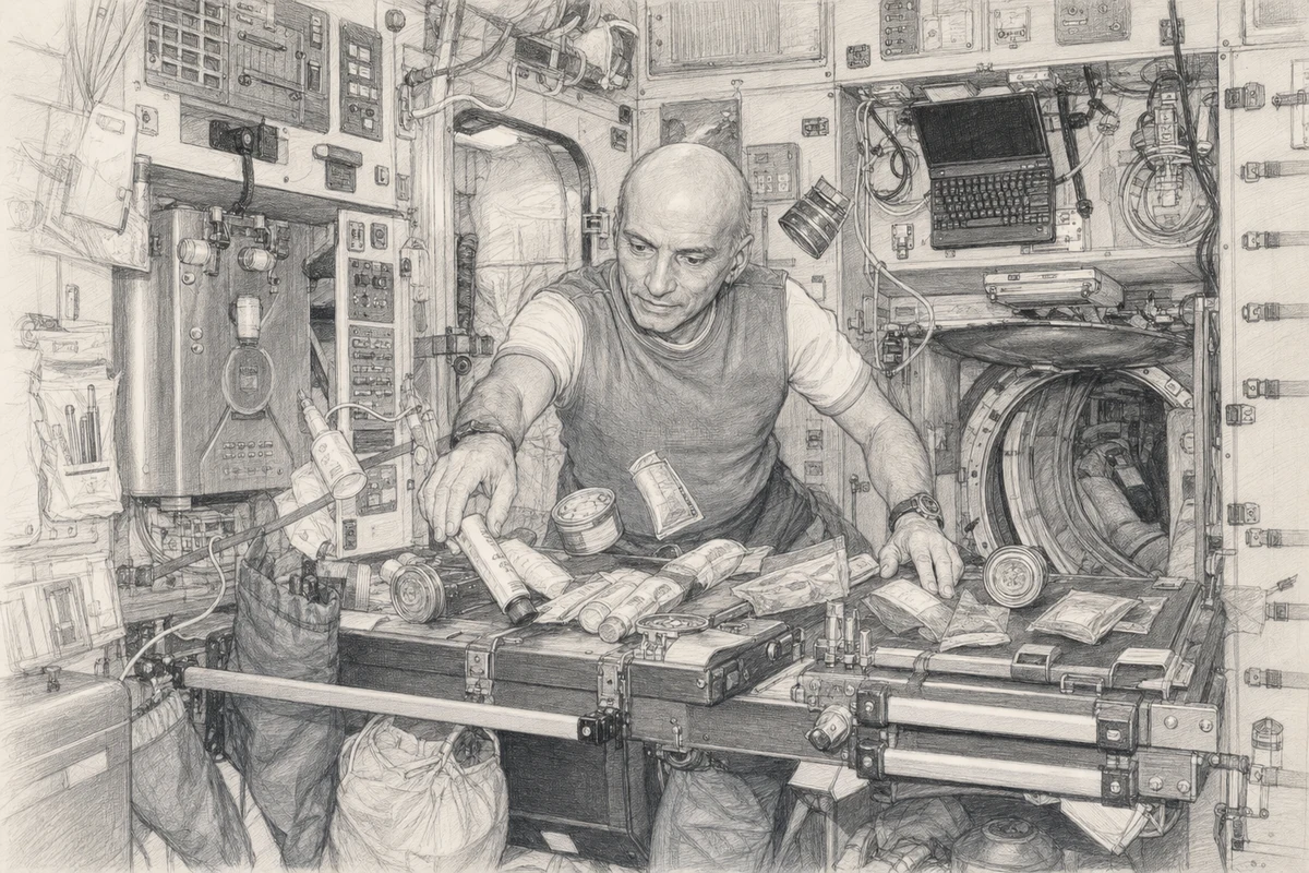 Graphite illustration of Dennis Tito floating at the Zvezda module’s galley table while choosing tubes, cans and packets of space food.
