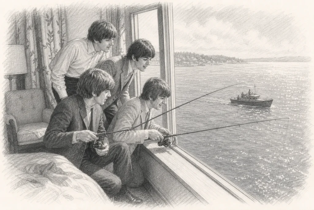 Pencil illustration of the Beatles fishing from an open room window at The Edgewater in 1964 while a harbor-patrol boat crosses Elliott Bay.