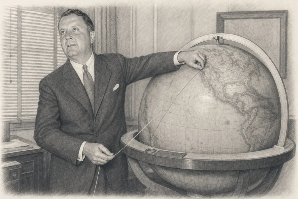 Graphite illustration of Juan Trippe stretching a piece of string across a large antique globe in his office.