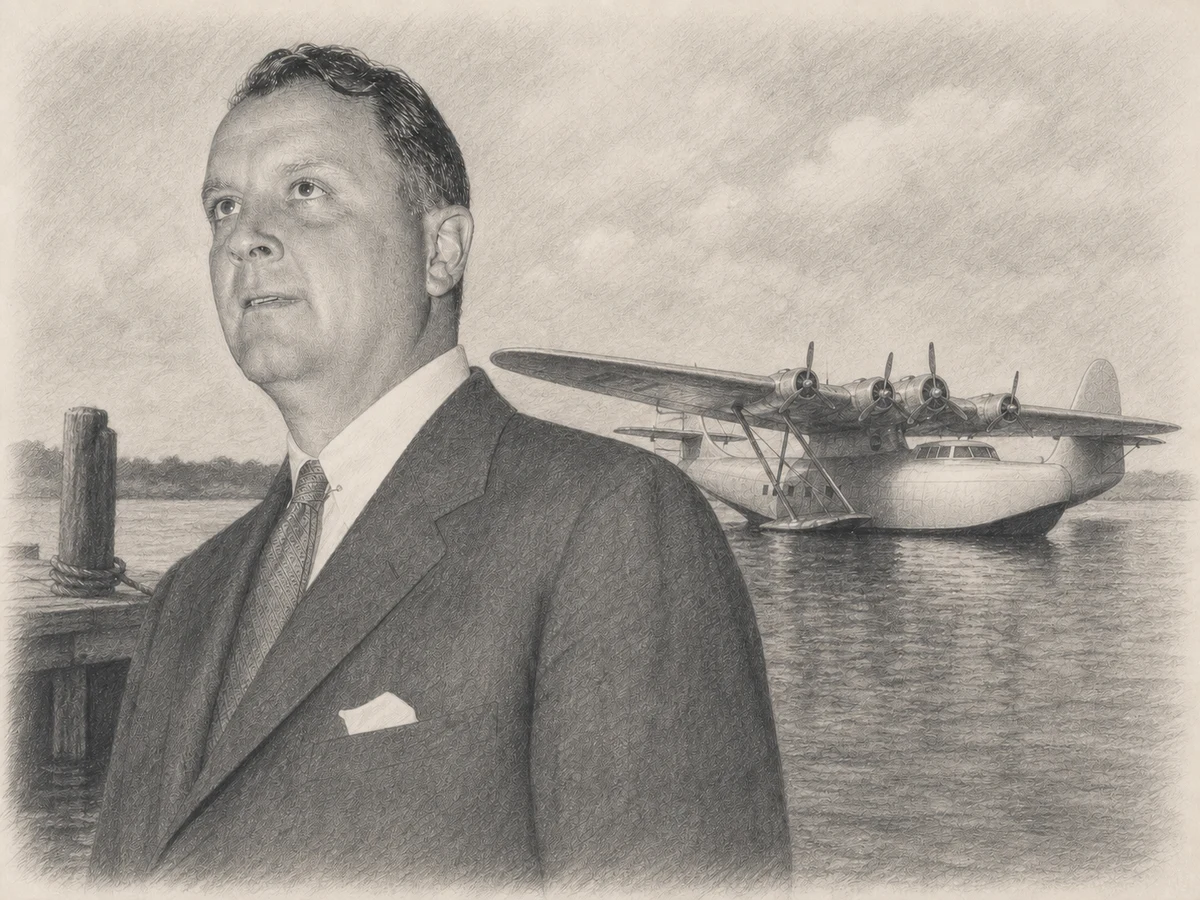 Graphite portrait of Juan Trippe at a 1930s flying-boat harbour, with a Martin M-130 receding behind his right shoulder.