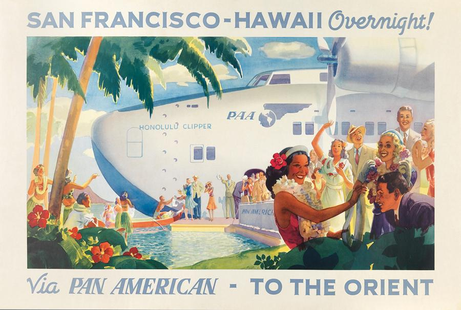 Illustrated 1939 Pan Am brochure showing travellers greeted with flower leis beside the Boeing 314 Honolulu Clipper in Hawaii.