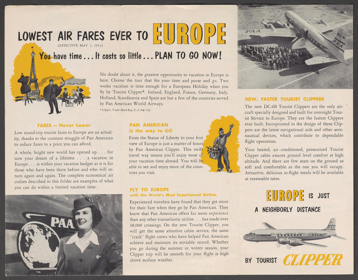 Open 1952 Pan American brochure announcing lower tourist-class fares to Europe, illustrated with a DC-6, cabin attendant and European travel scenes.