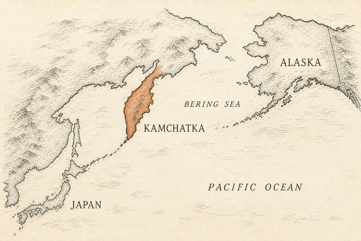 Hand-drawn locator map showing the Kamchatka Peninsula between Japan and Alaska across the North Pacific