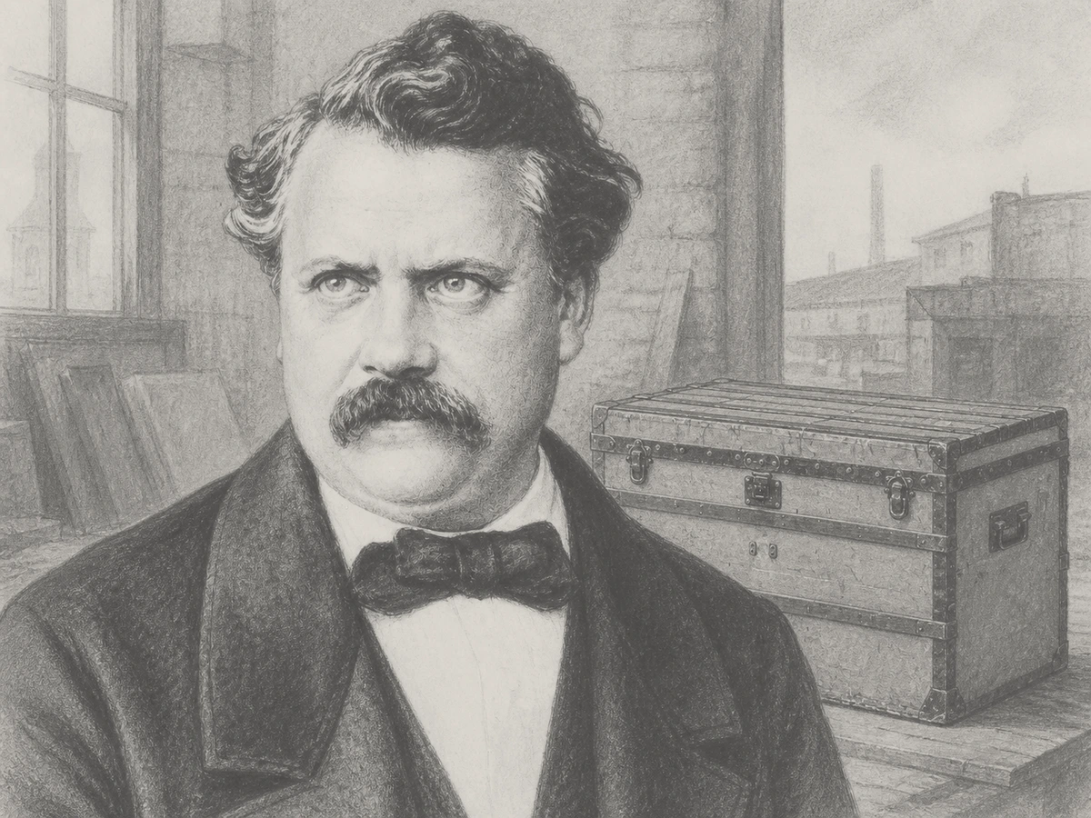 Graphite portrait of Louis Vuitton in a dark coat and bow tie, with a flat grey trunk receding behind his right shoulder.