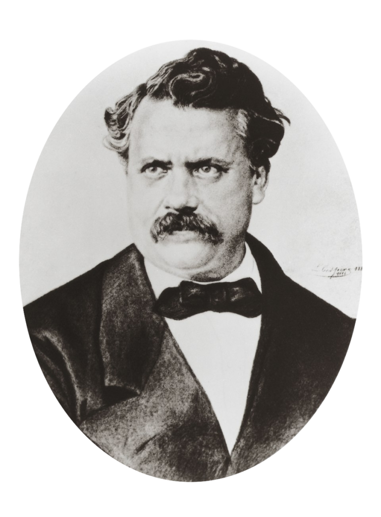 Black-and-white oval portrait of Louis Vuitton with wavy dark hair, a heavy moustache and a bow tie.