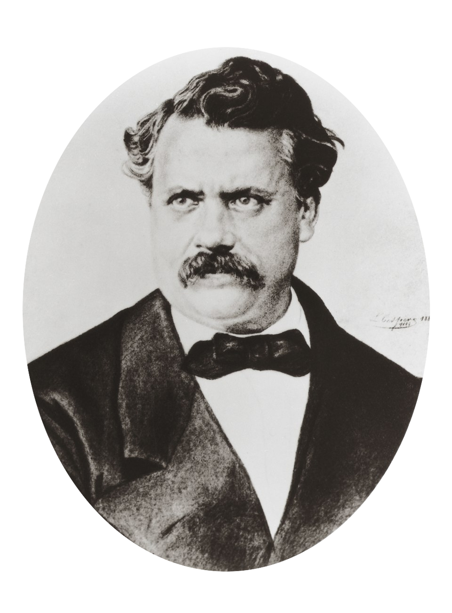 Black-and-white oval portrait of Louis Vuitton with wavy dark hair, a heavy moustache and a bow tie.