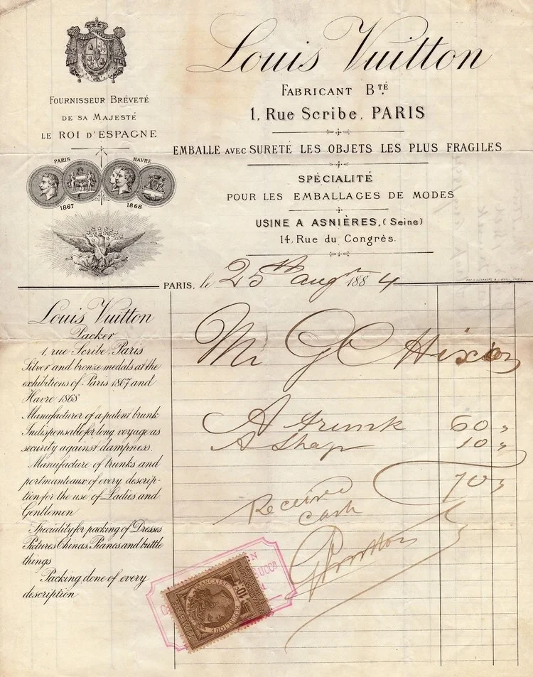 Louis Vuitton receipt dated 25 August 1884 showing 60 francs for a trunk and 10 francs for a strap.