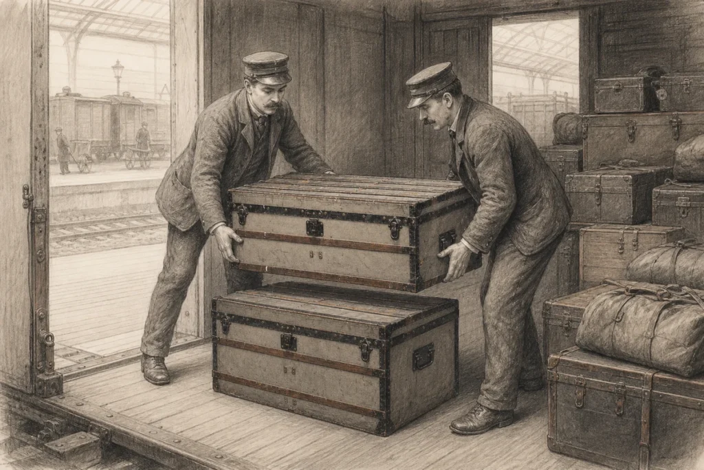 Graphite illustration of two nineteenth-century railway porters stacking one flat grey slatted trunk on another inside a baggage van.