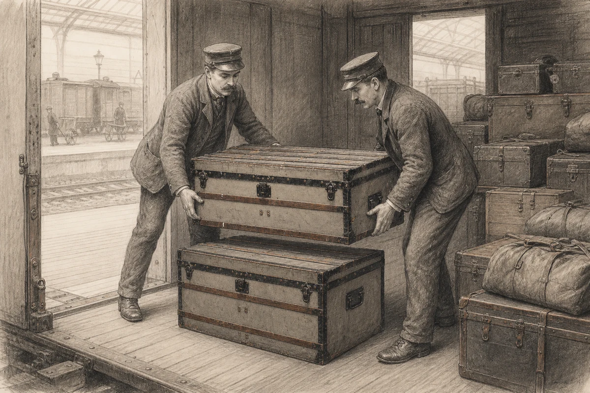 Graphite illustration of two nineteenth-century railway porters stacking one flat grey slatted trunk on another inside a baggage van.