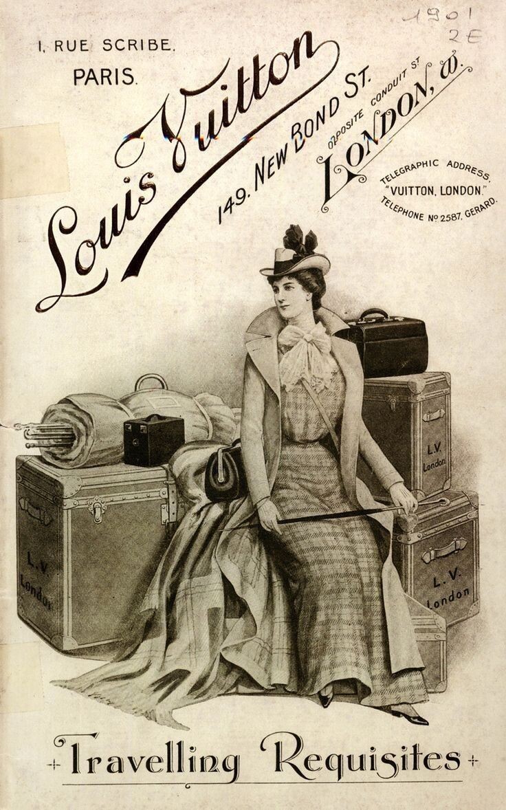 1901 Louis Vuitton advertising card showing an elegantly dressed woman seated among stacked trunks, cases, umbrellas and travelling blankets.