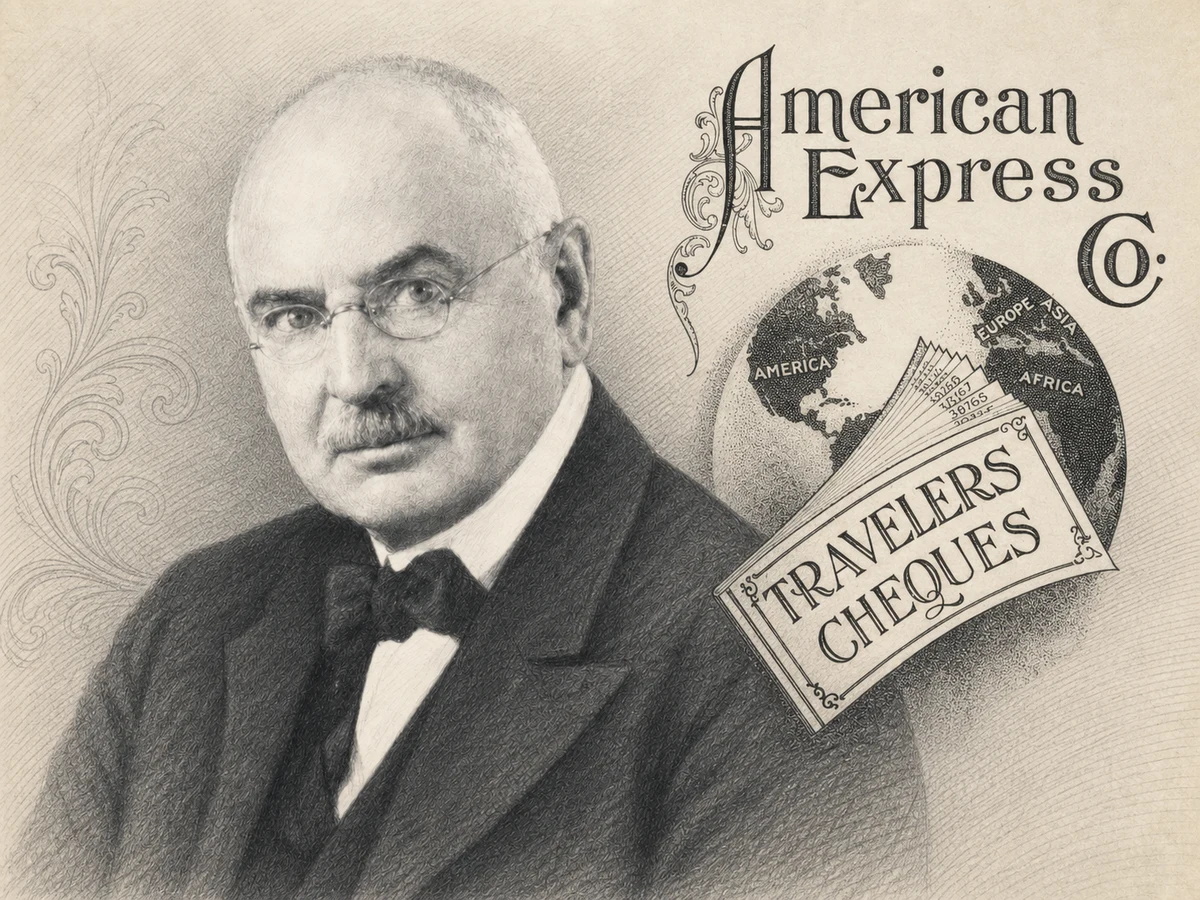 Graphite portrait of Marcellus F. Berry beside the 1907 American Express advertisement’s ornate name, globe and fan of traveller’s cheques.