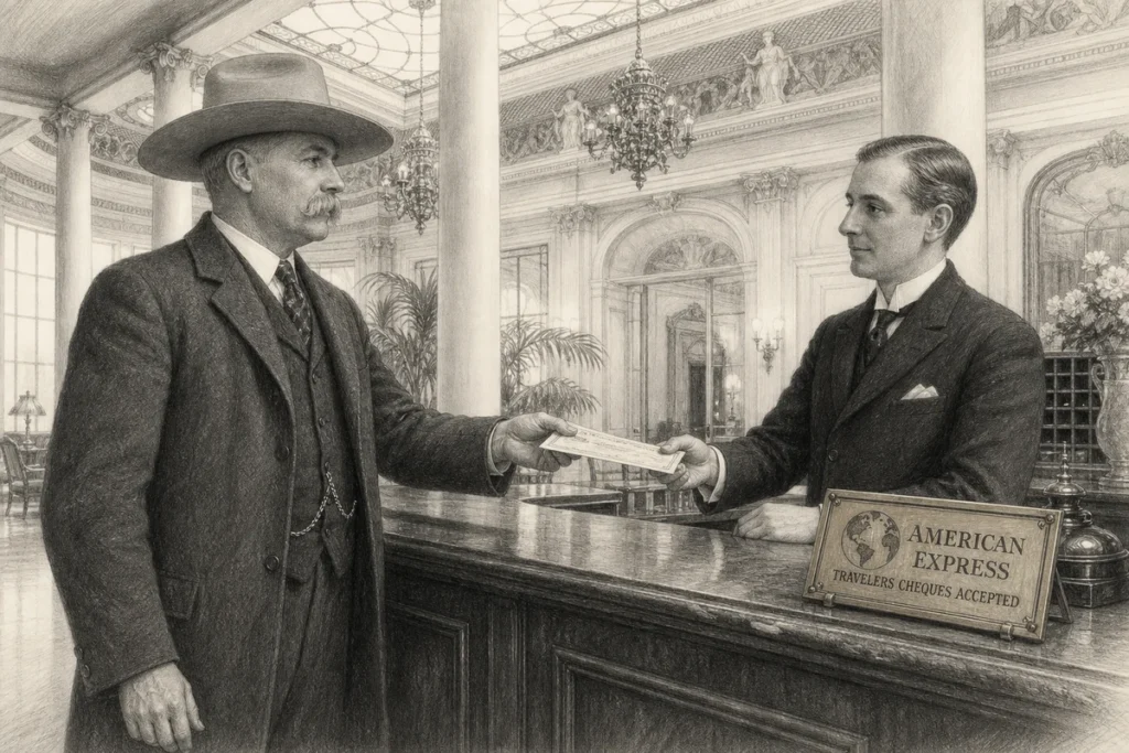 Graphite illustration of a Western American traveller in a broad-brimmed hat handing an American Express traveller’s cheque to a clerk at The Ritz London reception, beside an acceptance sign.