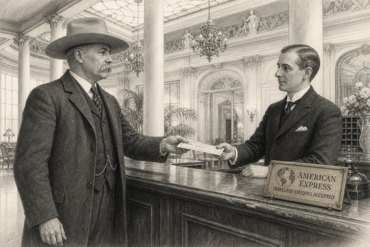 Graphite illustration of a Western American traveller in a broad-brimmed hat handing an American Express traveller’s cheque to a clerk at The Ritz London reception, beside an acceptance sign.