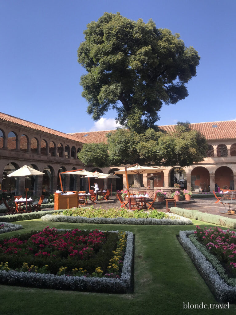 The central cedar rises above Monasterio's arcaded courtyard and geometric flower beds in Cusco.