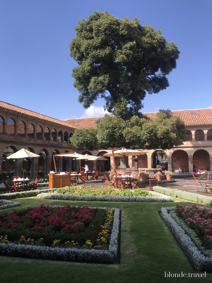 The central cedar rises above Monasterio's arcaded courtyard and geometric flower beds in Cusco.