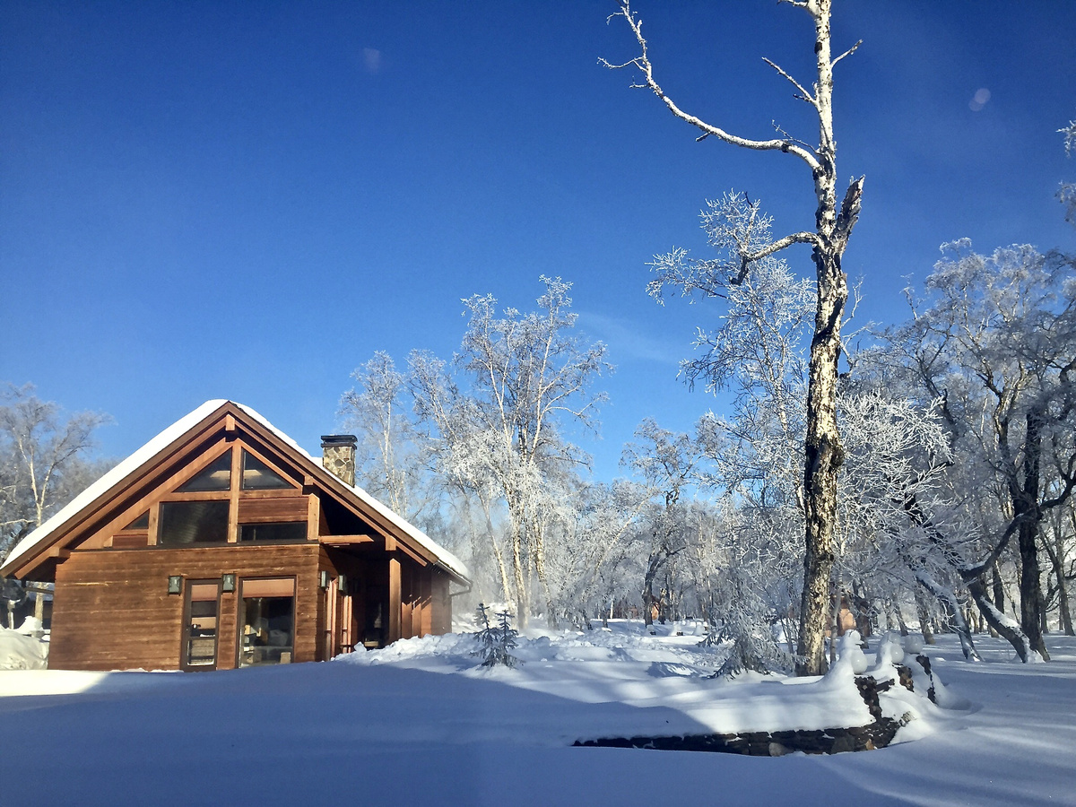 A wooden North Adventures cottage surrounded by deep snow and frost-covered birch trees under a blue Kamchatka sky