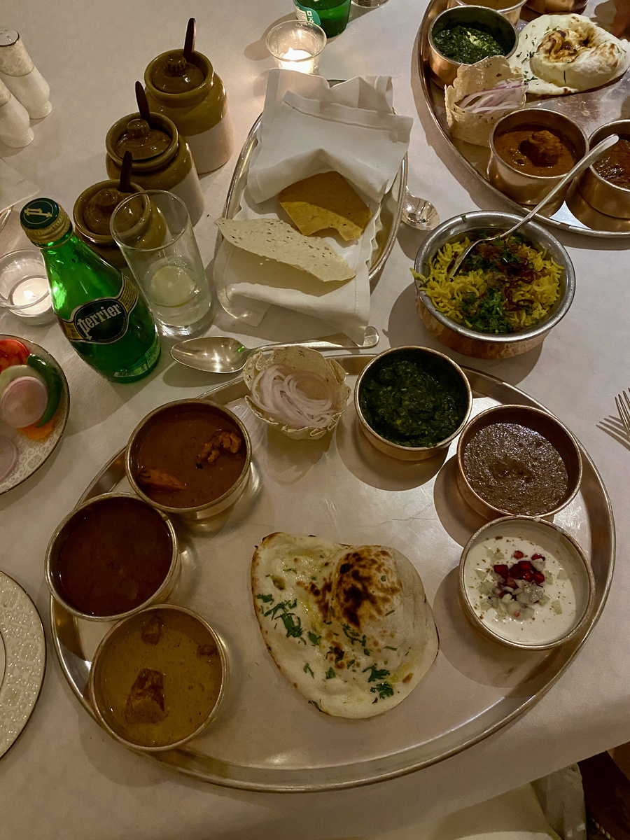 Indian dinner served in brass bowls at The Oberoi Amarvilas in Agra.