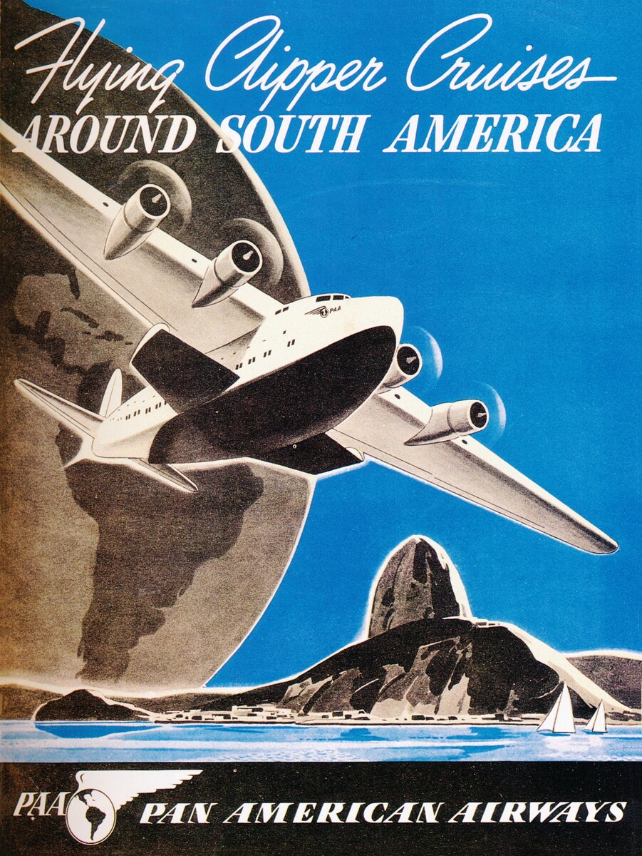 Illustrated 1940 Pan American Airways poster showing a Boeing 314 Clipper flying above South America and Sugarloaf Mountain.