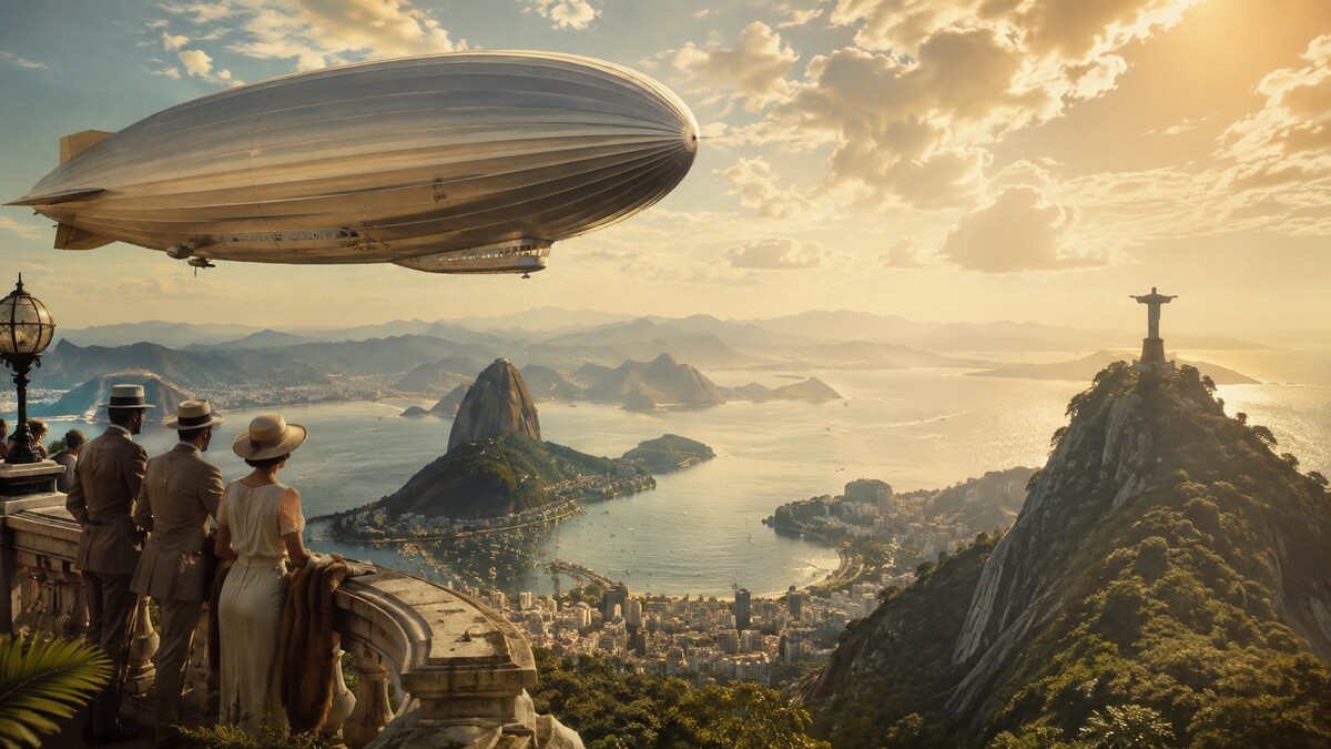 Vintage-style illustration of an airship flying above Rio de Janeiro as travellers watch from a terrace.