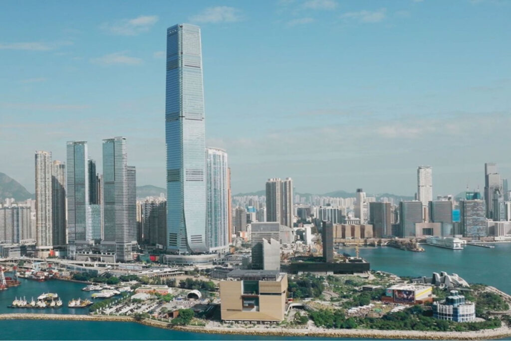 International Commerce Centre rising above West Kowloon and Victoria Harbour