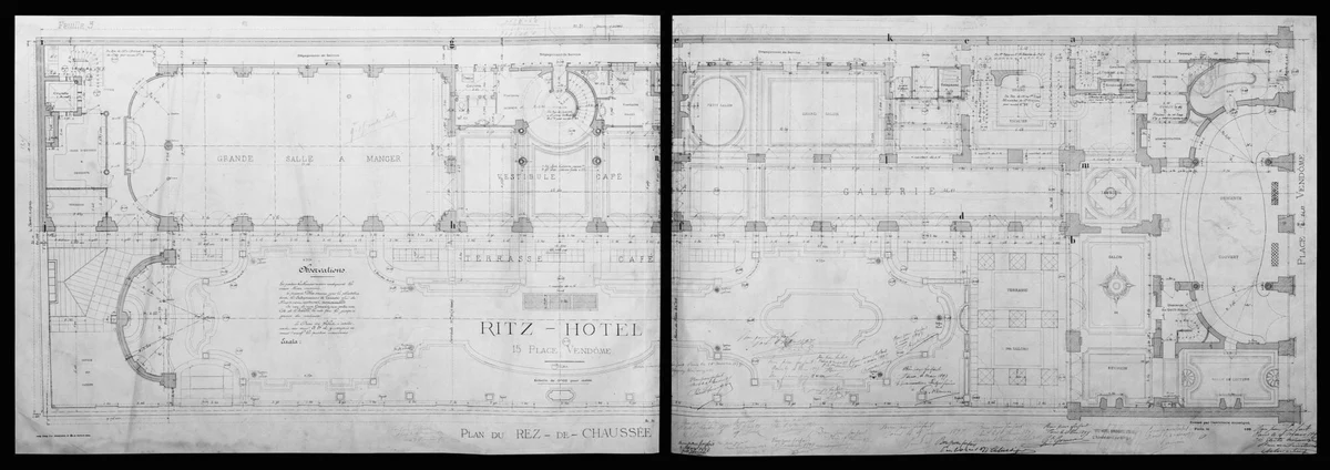 Charles Mewès ground-floor plan for the Hôtel Ritz Paris showing rooms arranged around interior courts.