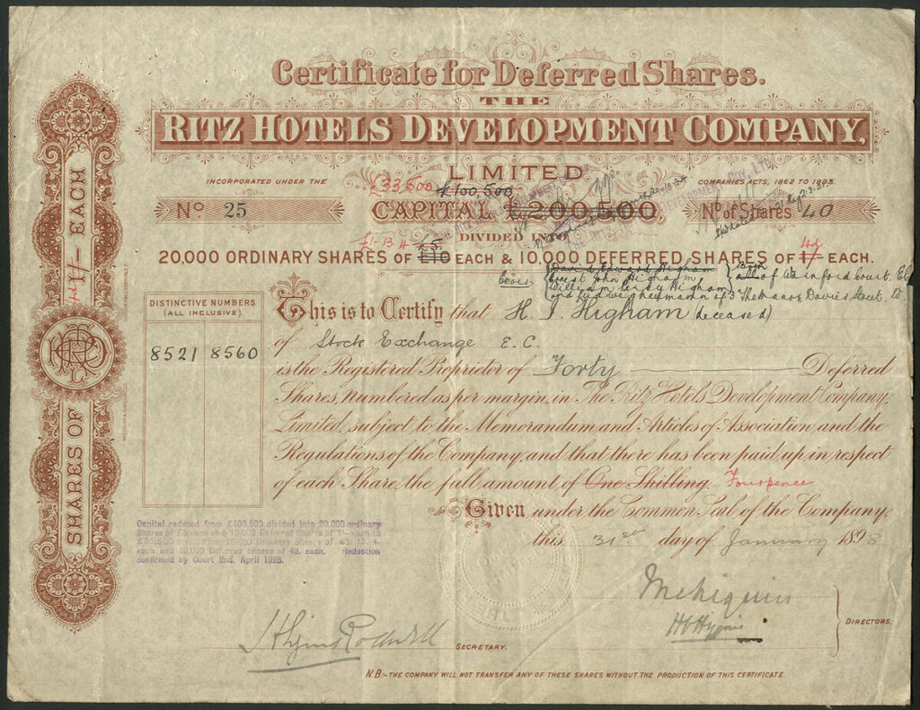 Ornate deferred-share certificate issued by the Ritz Hotels Development Company on 31 January 1898.