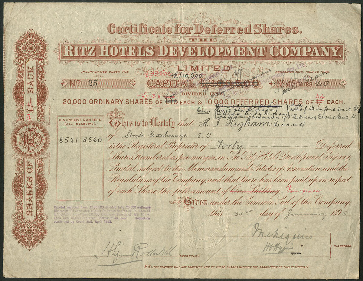 Ornate deferred-share certificate issued by the Ritz Hotels Development Company on 31 January 1898.