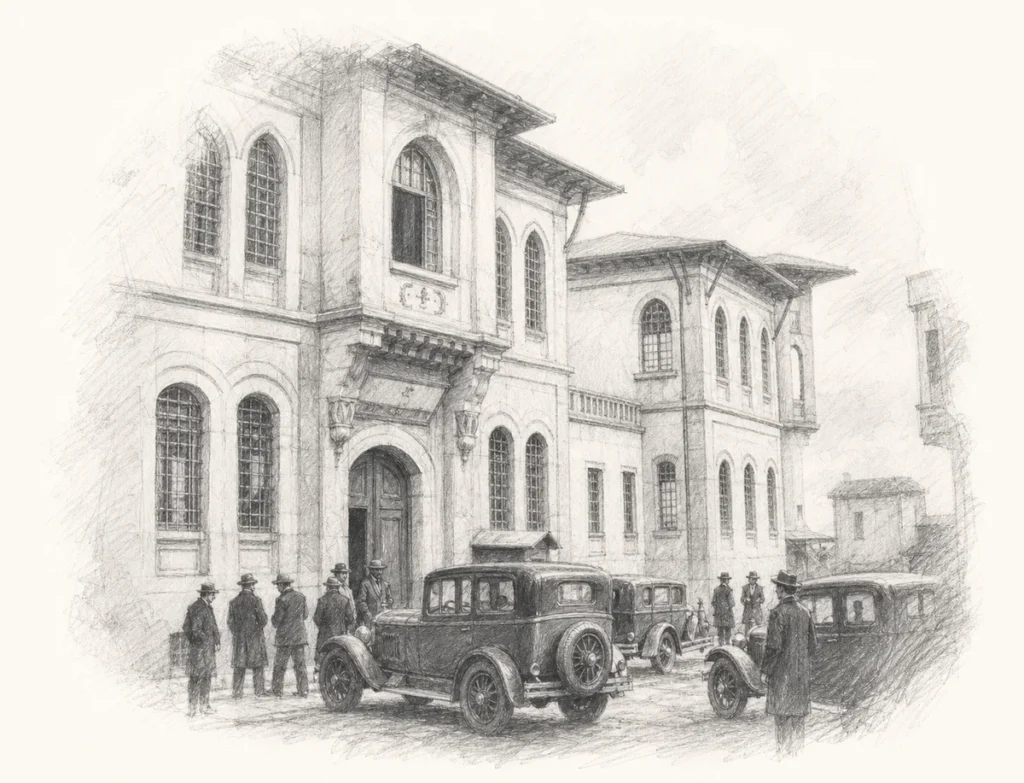 Pencil illustration of Sultanahmet Prison in 1934, with its barred arched windows, entrance and period motor cars.