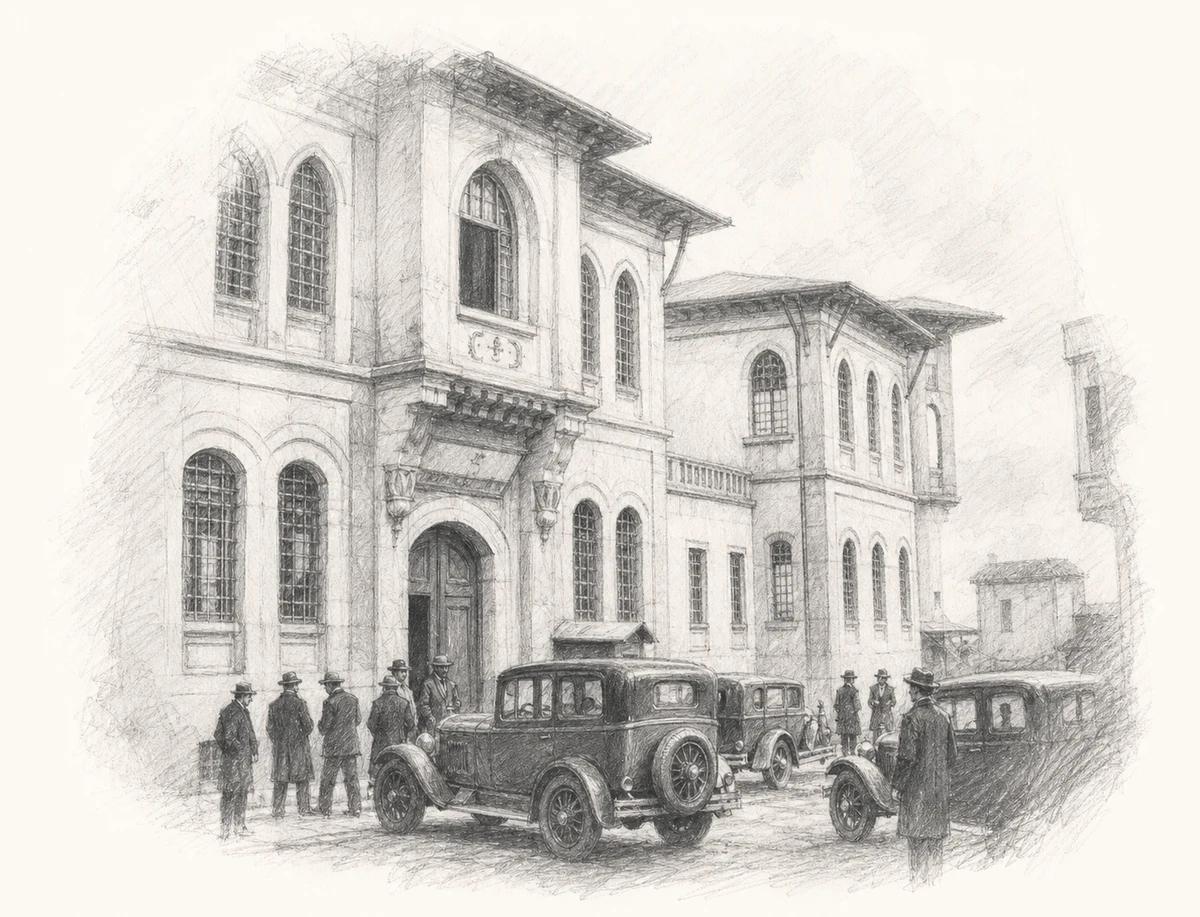 Pencil illustration of Sultanahmet Prison in 1934, with its barred arched windows, entrance and period motor cars.